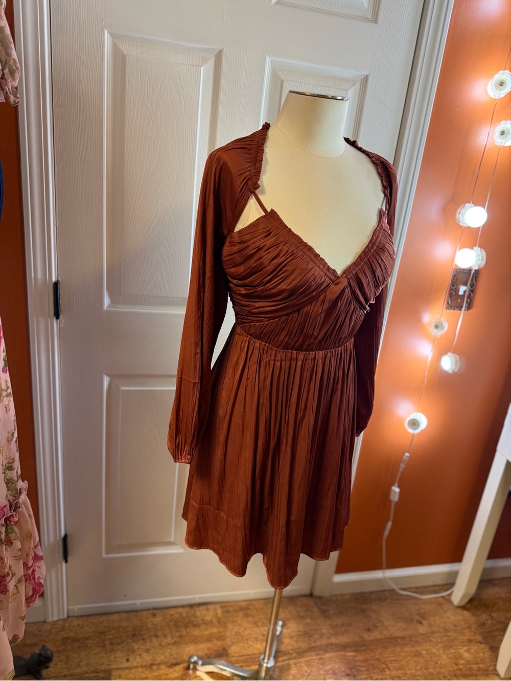 Anthropologie Rust Long-Sleeve V-Neck Pleated Dress - Picture 2 of 5